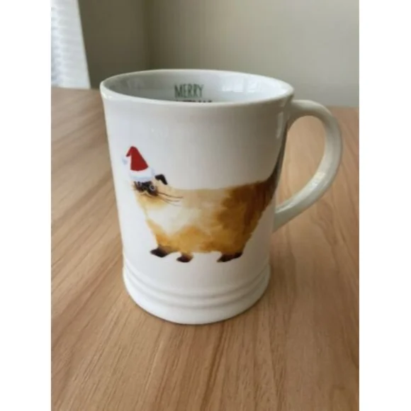 Fringe Merry Christmas Siamese Burmese Cat Wearing Xmas Hat White Mug Coffee Cup - Picture 1 of 5